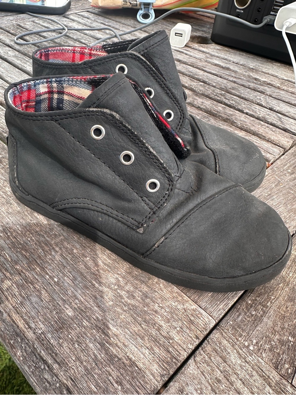 TOMS Black Faux Leather Toddler Chukka Boots Plaid Lined